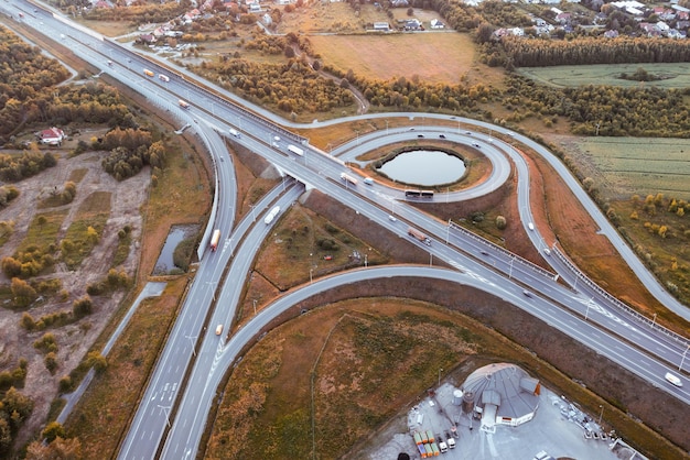 Aerial view of motorway and roundabout highway