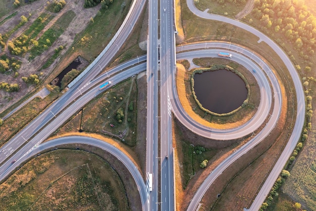 Aerial view of motorway and roundabout highway