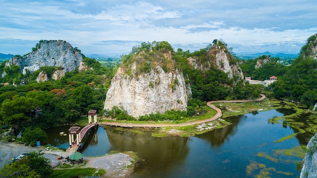 Aerial view of Mount Khao Ngoo Rock Park or Thueak Khao Ngu, Ratchaburi Ancient monuments in Ratchab