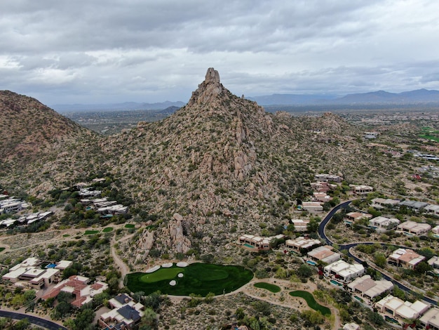 Aerial view of mountain desert landscape with villas in Scottsdale Phoenix USA