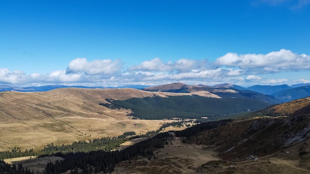 Aerial view over mountain landscape in Parang mountains in Romania.