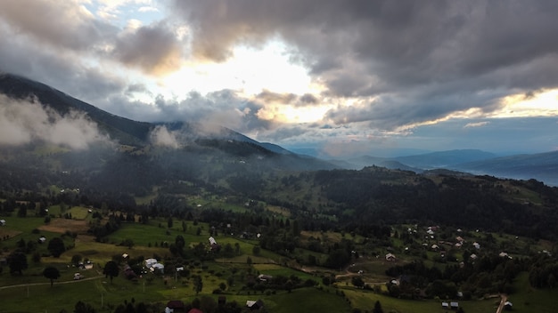 Aerial view of mountain region village in Maramures, Romania.