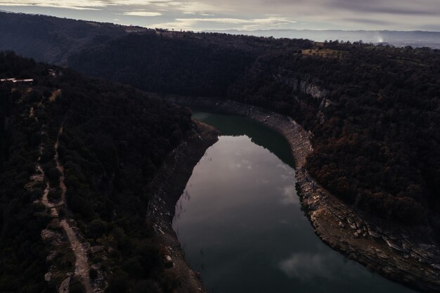 Aerial view of the mountain and river