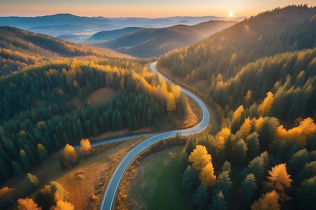 Aerial view of mountain road in forest at sunset in autumn Top view from drone of road in woods