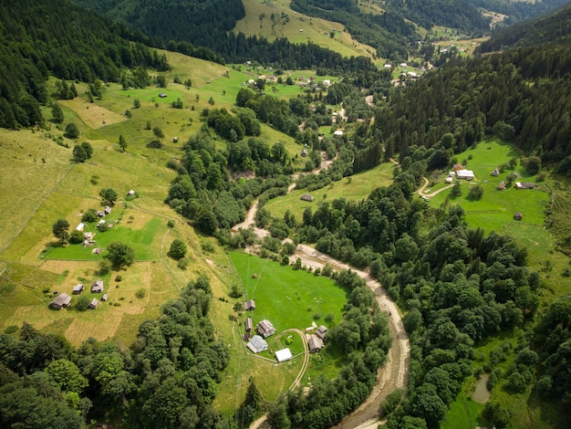 Aerial view of Mountain Village in Carpathians in Summer day