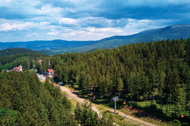 Aerial view of mountains with open cable cars lift Karpacz Poland