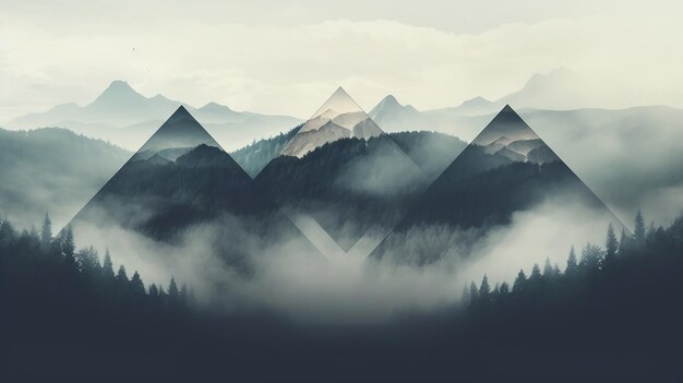 Photo aerial view of mountains with trees and storms in the background in the style of romanticism vintage photo dull misty day hills landscape geometrical shapes