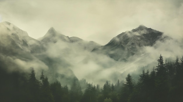 Photo aerial view of mountains with trees and storms in the background in the style of romanticism vintage photo dull misty day hills landscape