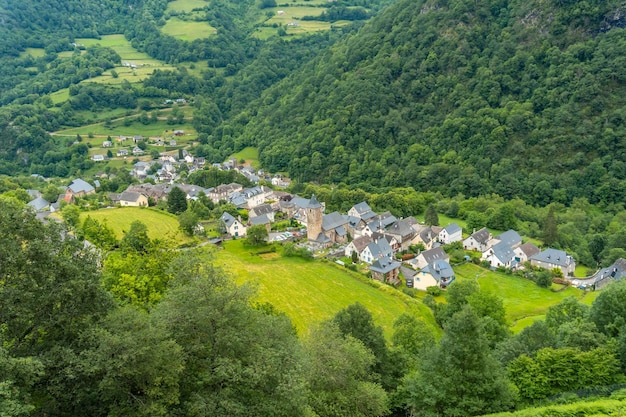 Aerial view of the municipality of Borce in the French Pyrenees and its beautiful mountains
