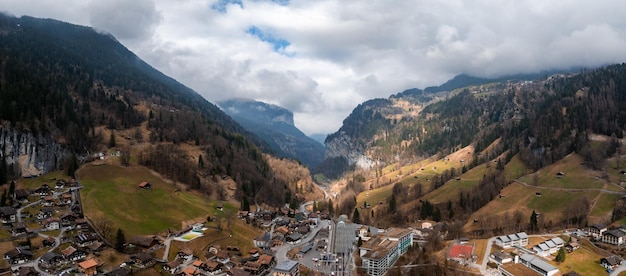 Aerial view of murren switzerland alpine village amidst forested mountains