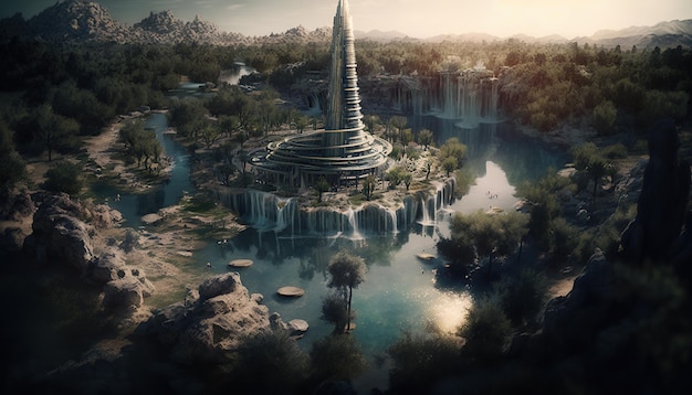 滝の平原にあるエルフの都市の中心にある神秘的な塔を上空から見る