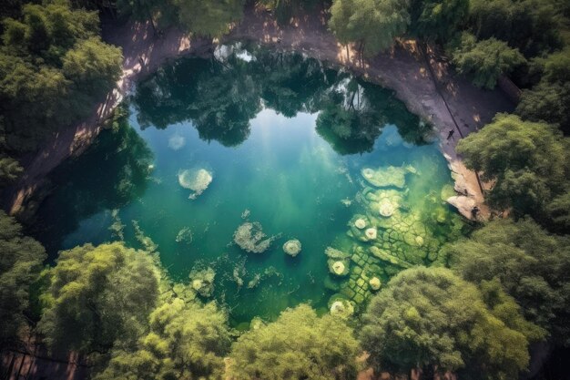 Aerial view of a natural oasis with mirrorlike water created with generative ai