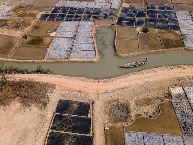 Aerial view of natural salt field on the coast of bashkhali Island in Chittagong Bangladesh