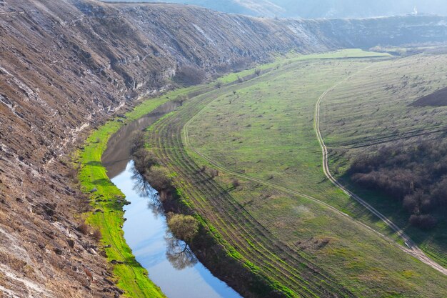 Aerial view of nature green valley with river