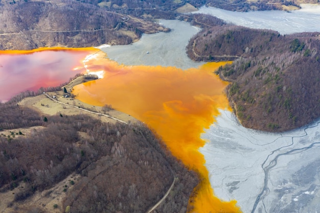 Photo aerial view of nature pollution by mining residuals