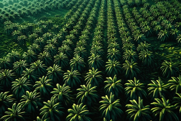 Aerial view of neat rows of palm oil trees in a tr