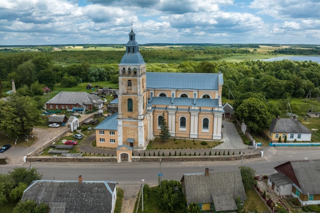 aerial view on neo gothic or baroque temple or catholic church in countryside