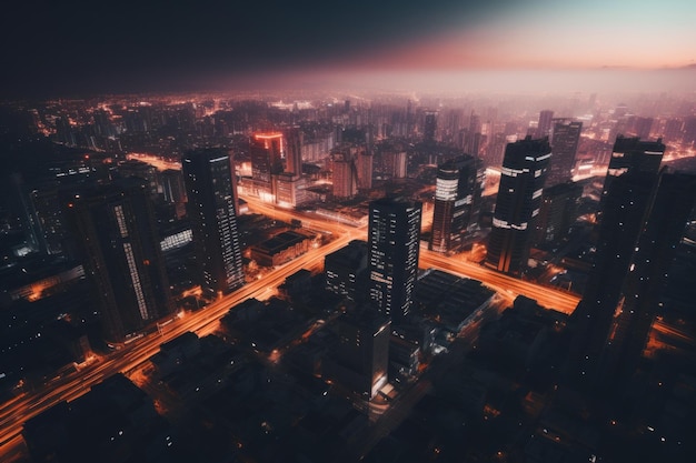 Aerial view of neon city Cyberpunk metropolis at night