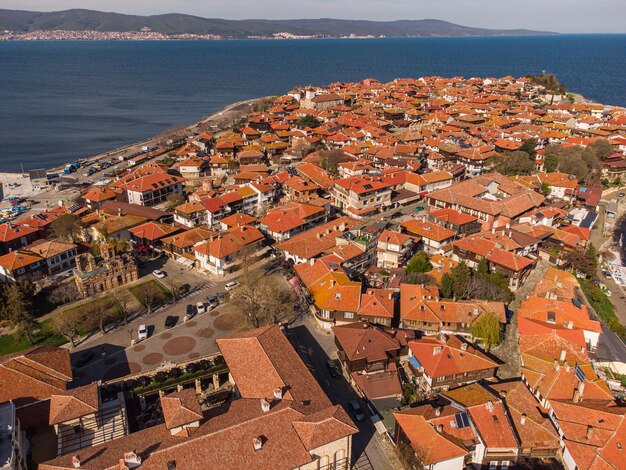 Aerial view of Nesebar ancient city on the Black Sea coast of Bulgaria