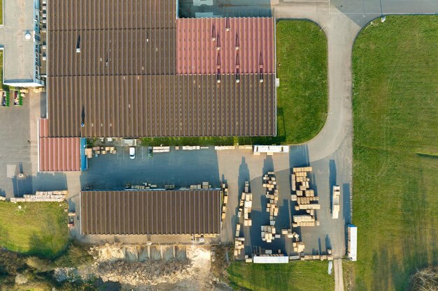 Aerial view of new factory building for producing and shipping of industrial equipment