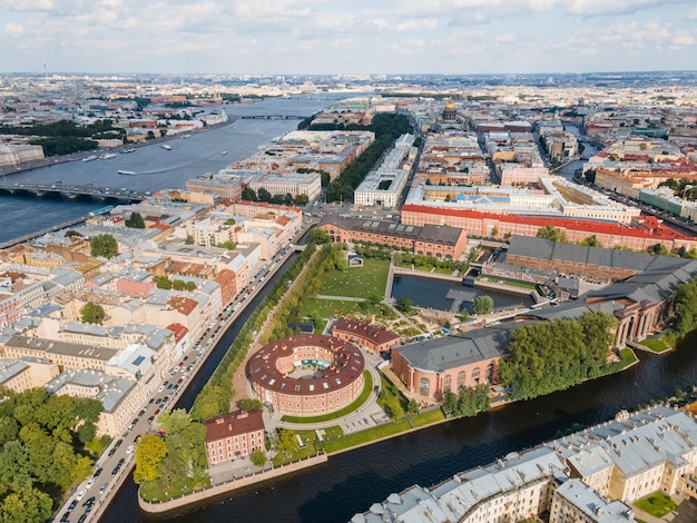 Aerial view of New Holland island flooded with sunlight Place for recreation in St Petersburg