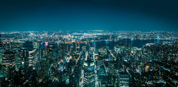 Aerial view of New York Manhattan at night