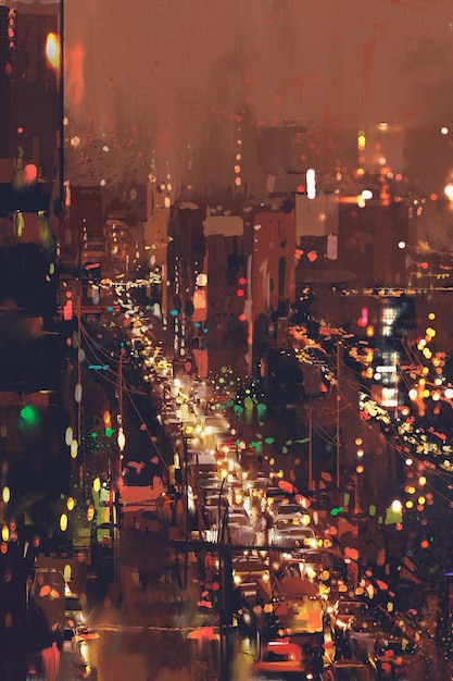 カラフルな光、イラスト絵画と夜の街並みの空中写真