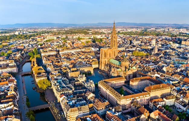 Aerial view of the Notre-Dame Cathedral of Strasbourg - Alsace, France