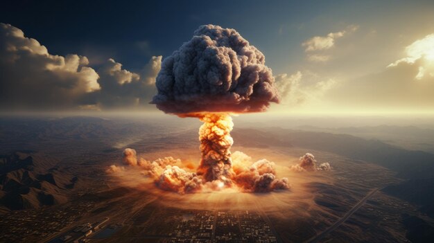 Aerial view of a nuclear explosion with mushroom cloud hyper realistic illustration