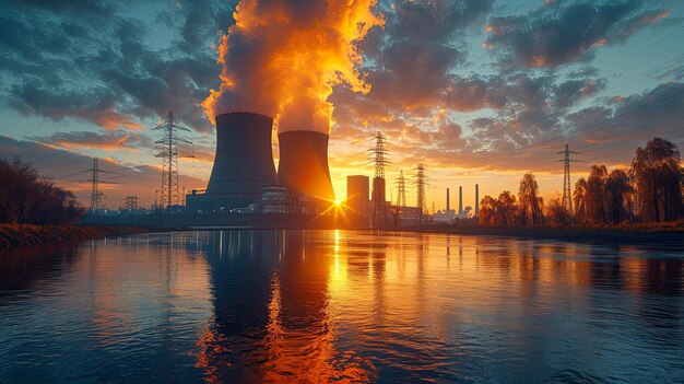 Aerial view of nuclear power plant at sunset