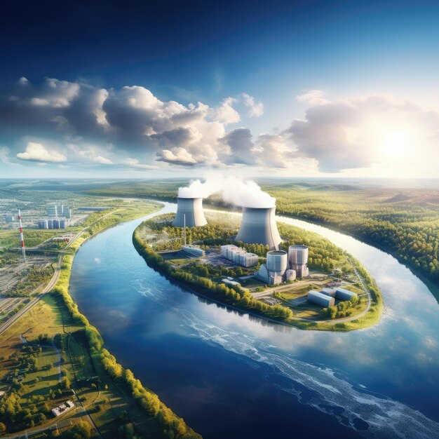 Photo aerial view of a nuclear power plant with a river