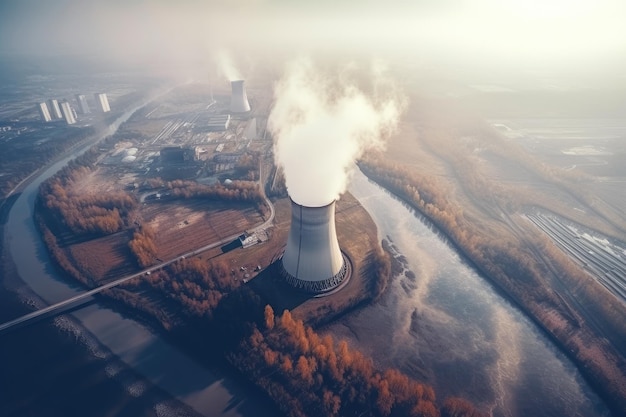 Aerial view of nuclear power plant with smoking chimney 3d render Nuclear power plant aerial view with smoke AI Generated