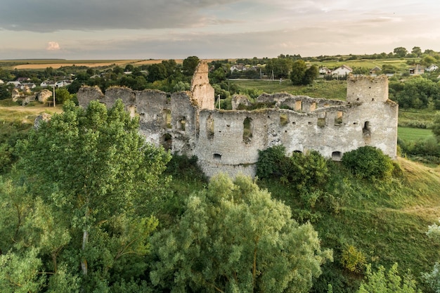 Aerial view oa Sydoriv castle ruins in a rural countryside on Sydoriv village Ternopil region Ukraine