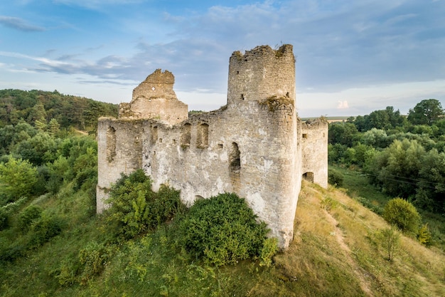 Aerial view oa Sydoriv castle ruins in a rural countryside on Sydoriv village Ternopil region Ukraine