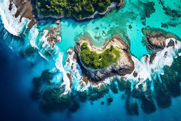 Aerial view of the ocean and the island