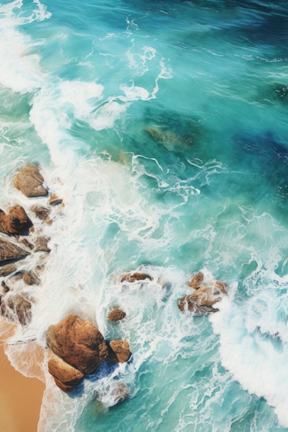 An aerial view of the ocean and rocks ai