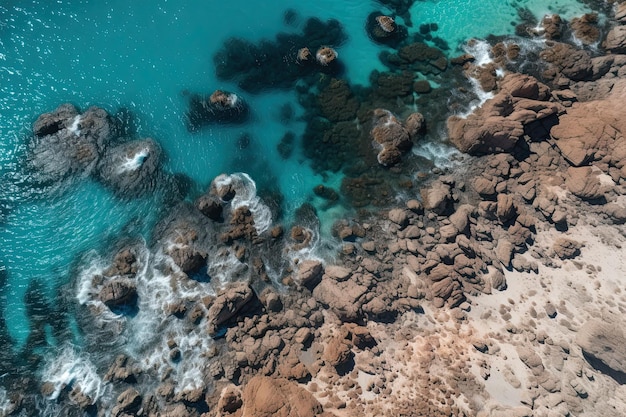 An aerial view of the ocean and rocks on the