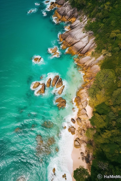 An aerial view of the ocean and rocks