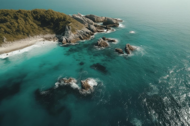 An aerial view of the ocean and a sandy beach generative AI