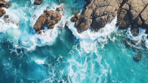Aerial view of ocean sea waves on rocks