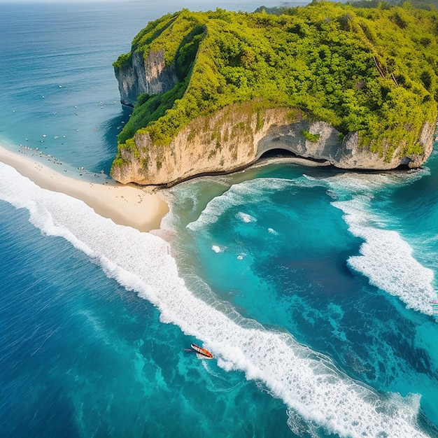 Aerial view of ocean wave and beach generated by ai