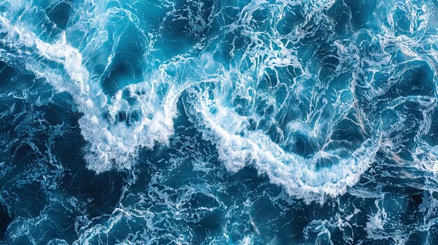 Aerial view to ocean waves Blue water background