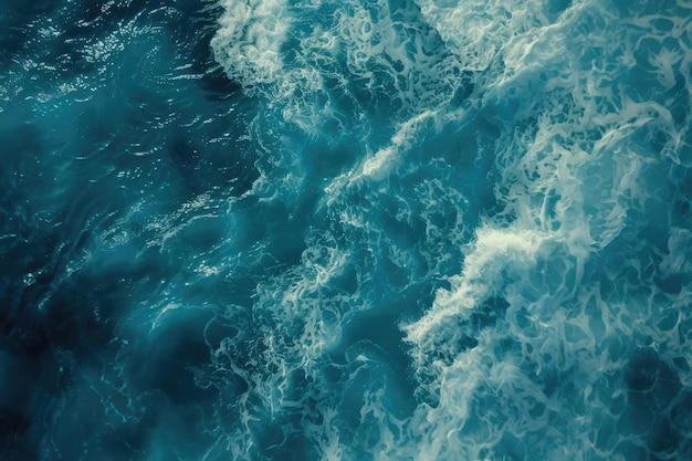 Aerial view to ocean waves Blue water background