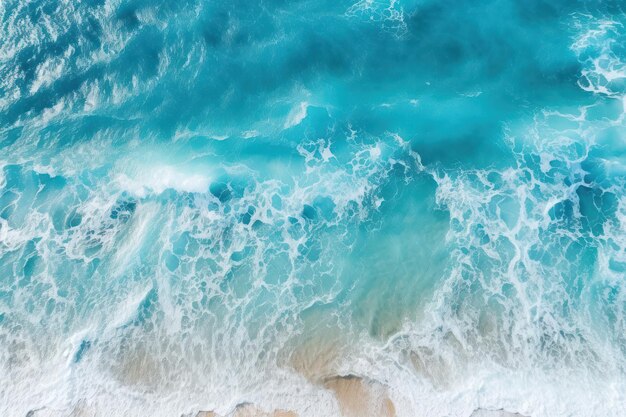 Aerial view to ocean waves blue water background