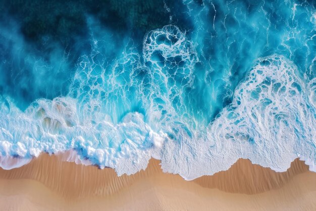 Photo aerial view of ocean waves crashing onto a sandy shore