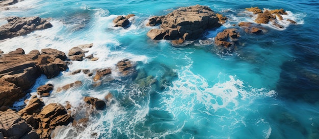 Aerial view of the ocean waves crashing on the rocks in the ocean