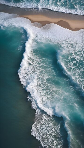 Aerial view of ocean waves crashing on sandy beach Top view