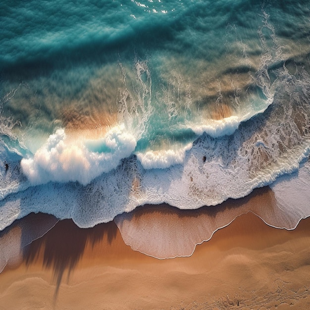 Aerial view of the ocean waves crashing on the sandy beach