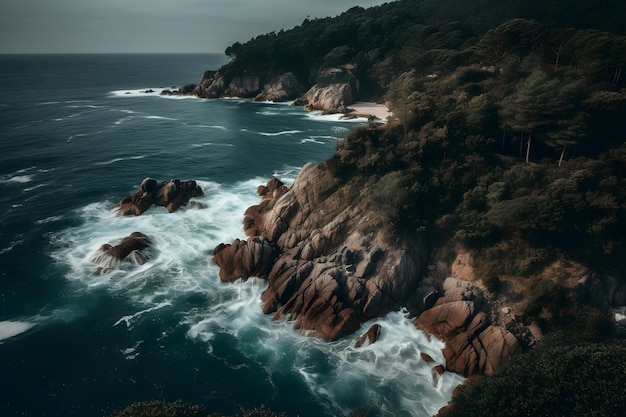 岩、波、木のある海の空撮