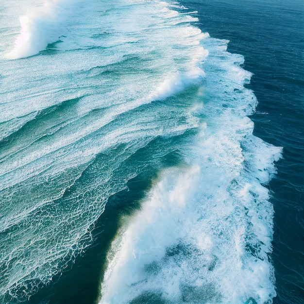 Aerial view of the ocean with waves Bird'seye view of turquoise sea